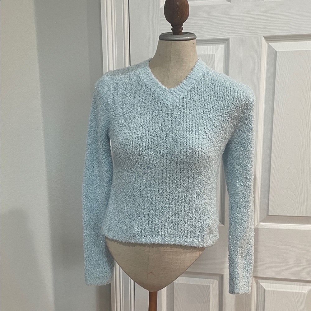 Vintage Y2K Light Blue V-Neck sparkle Sweater girl size 10 12